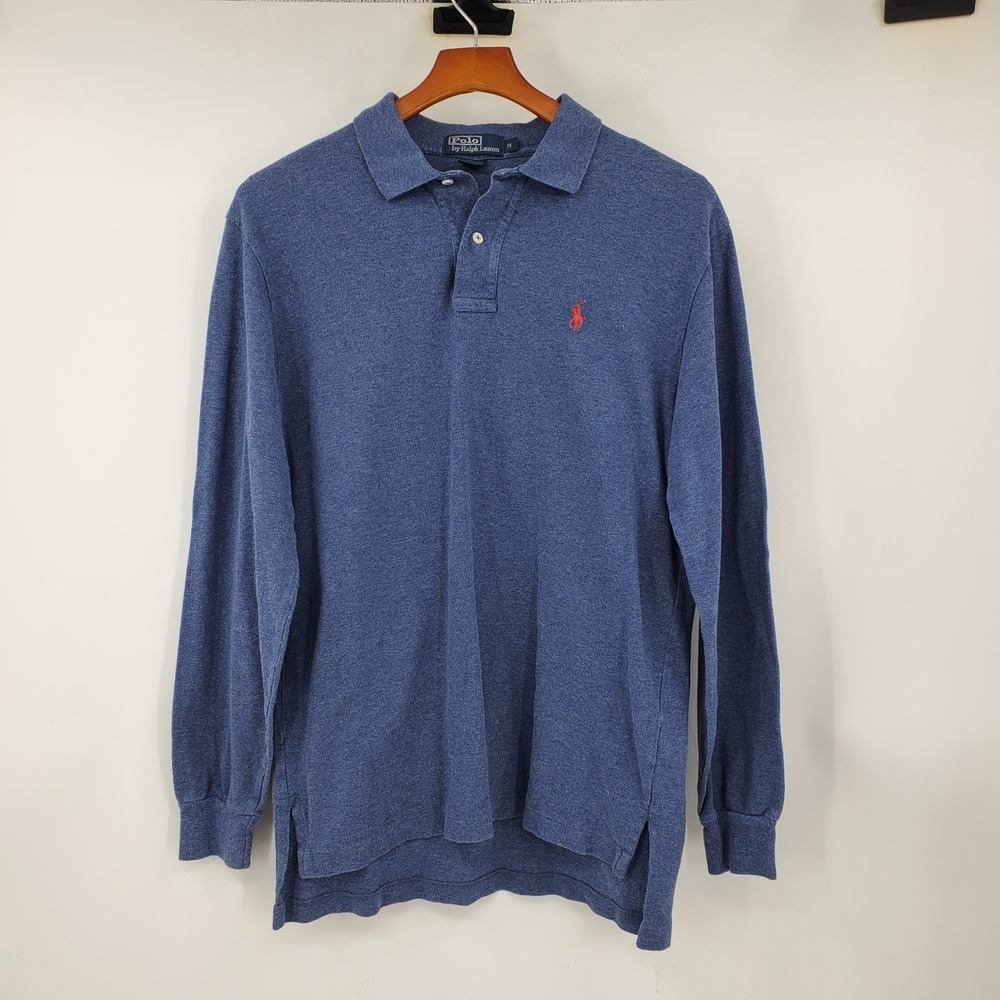 Vintage Polo Ralph Lauren Med Blue Long Sleeve Cotton Pique Polo Shirt Red Pony